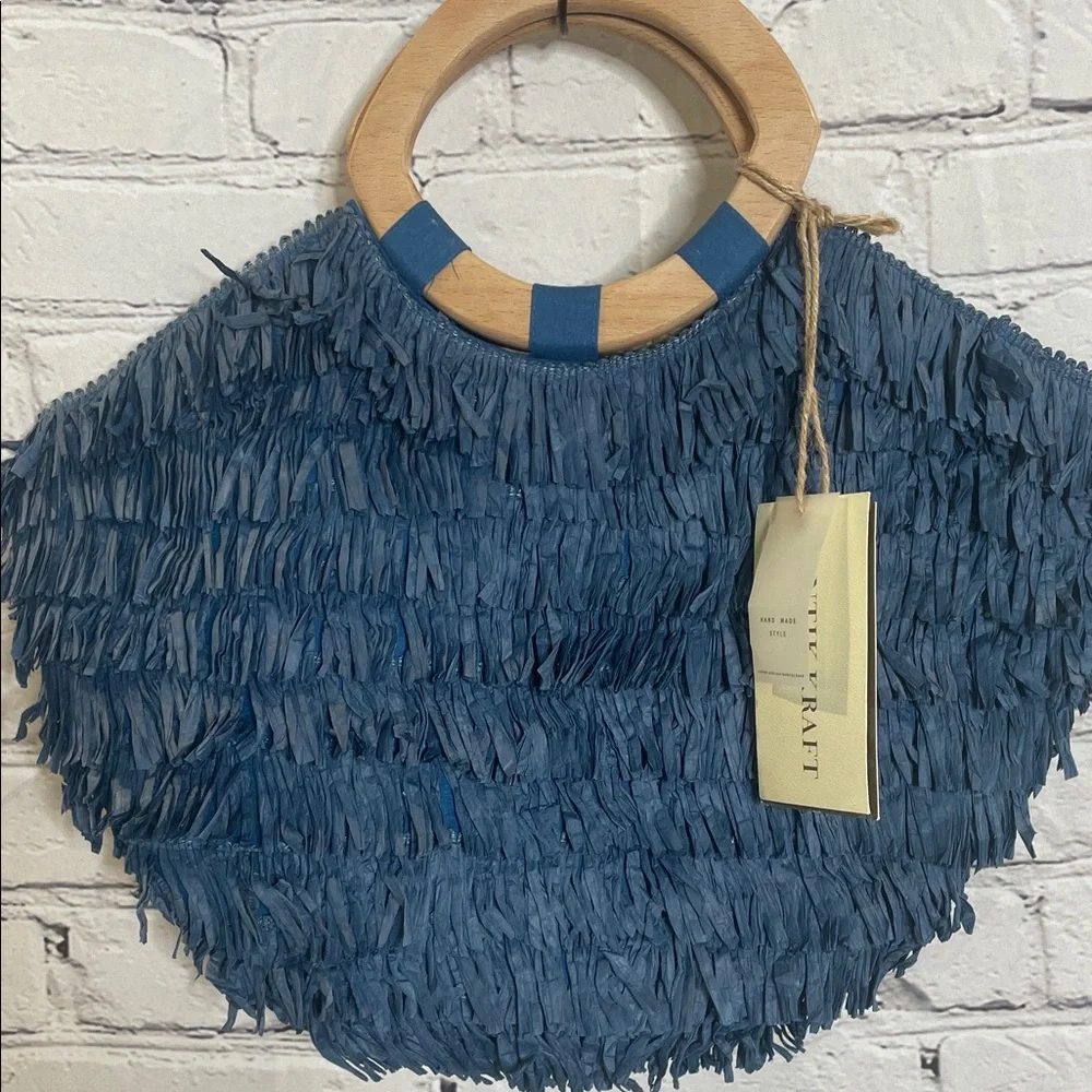 Antik Kraft Blue Fringe Handbag with Wooden Handle Brand New W/Tags - Picture 1 of 10